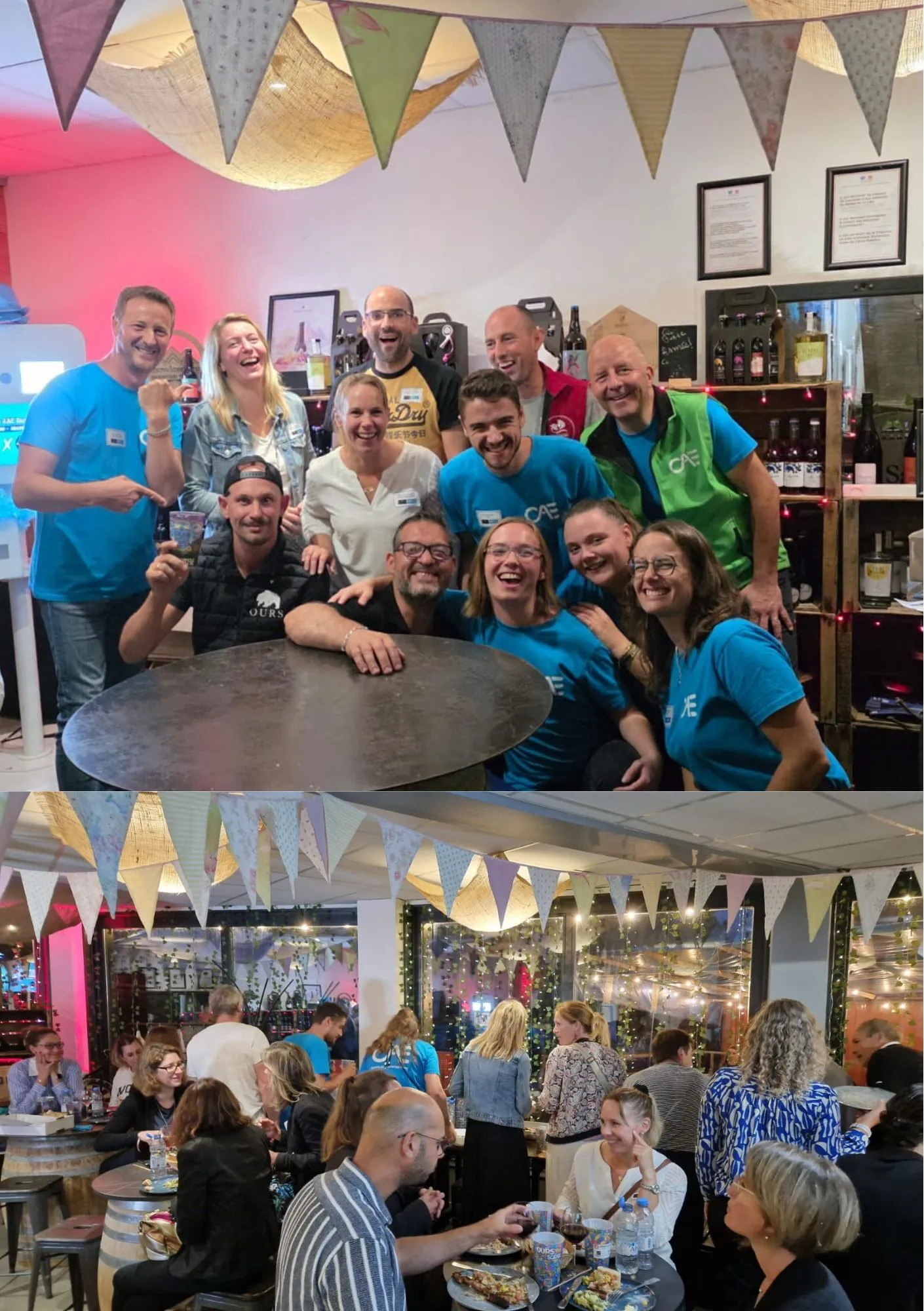 En haut : l'équipe du CAE et les partenaires de la soirée au grand complet.