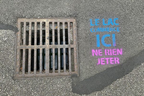 Messages près des grilles d'eaux pluviales (opération « Eau-climat, on agit ! »).